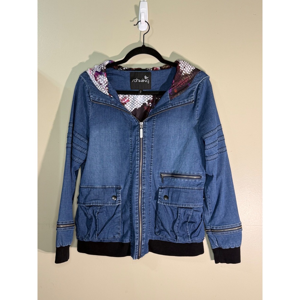 Schwiing Denim Bomber Jacket Hooded Moto Utility Medium Wash Blue S
